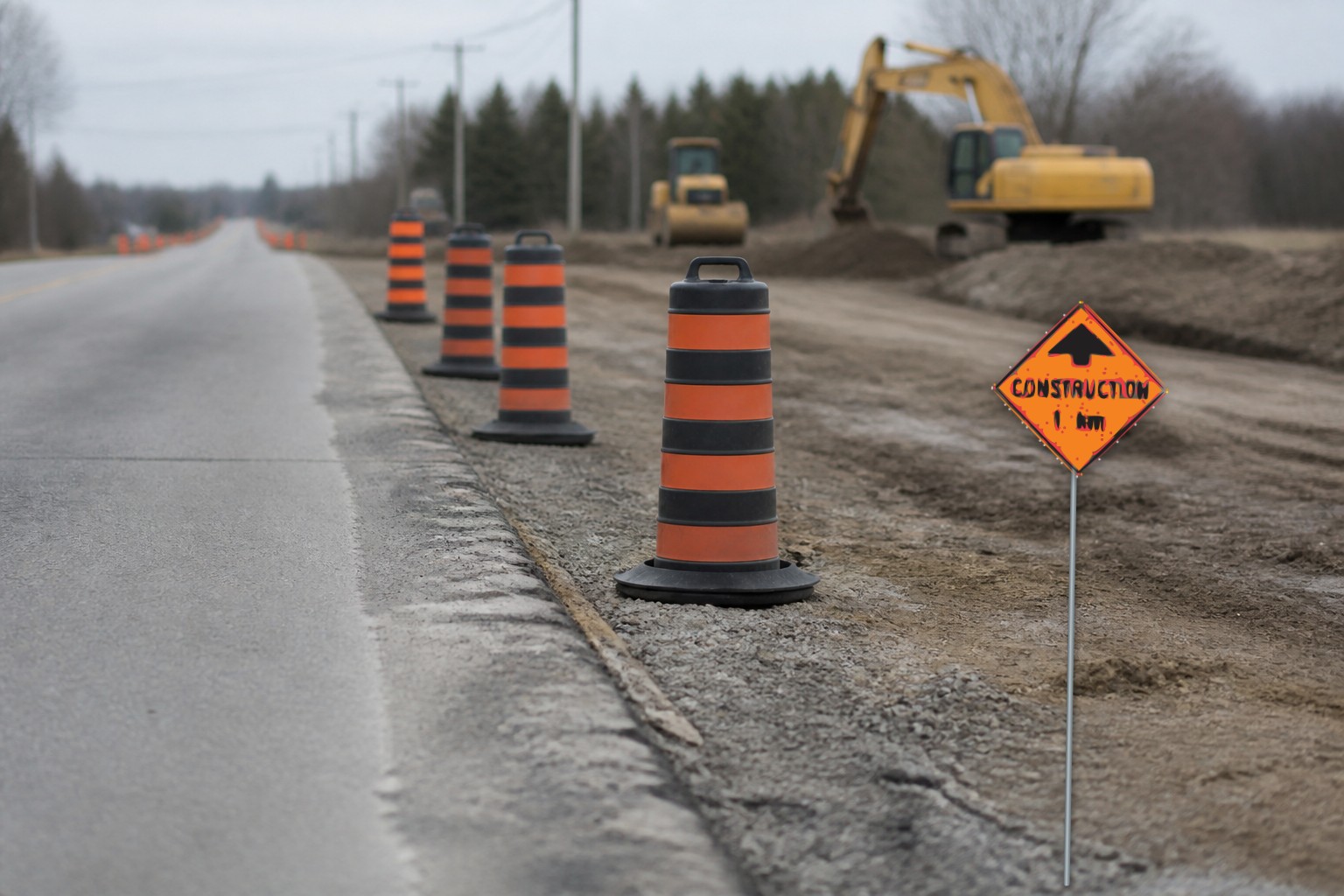 Ontario road sign: Construction work one kilometre ahead