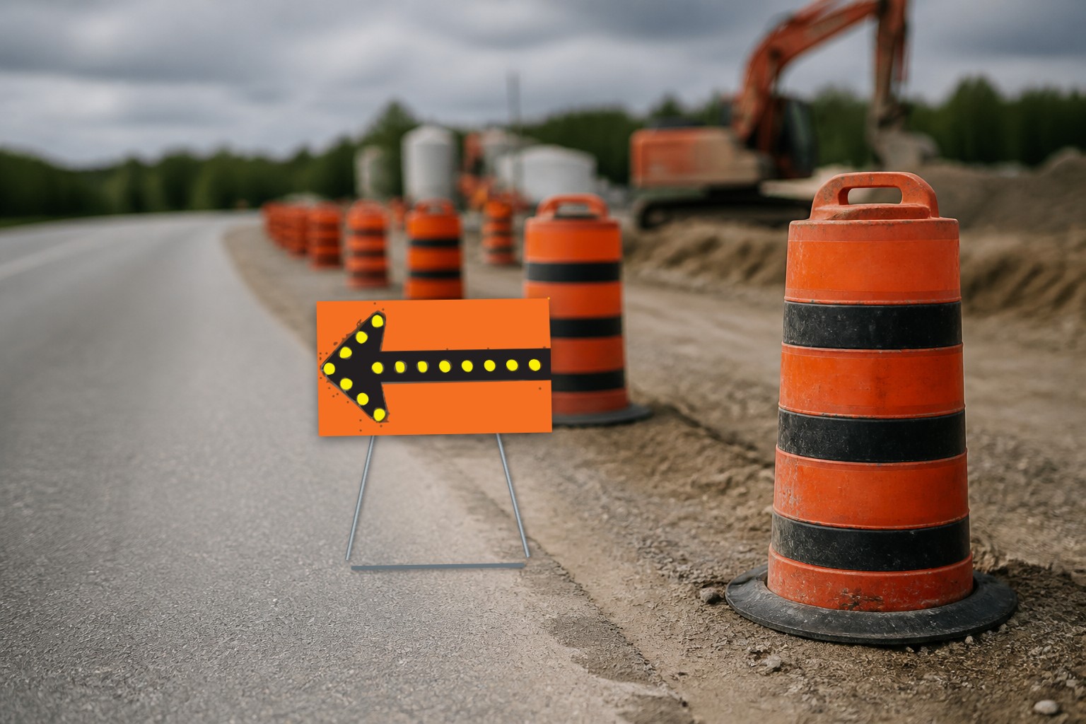 Ontario road sign: Flashing arrow board directing traffic left