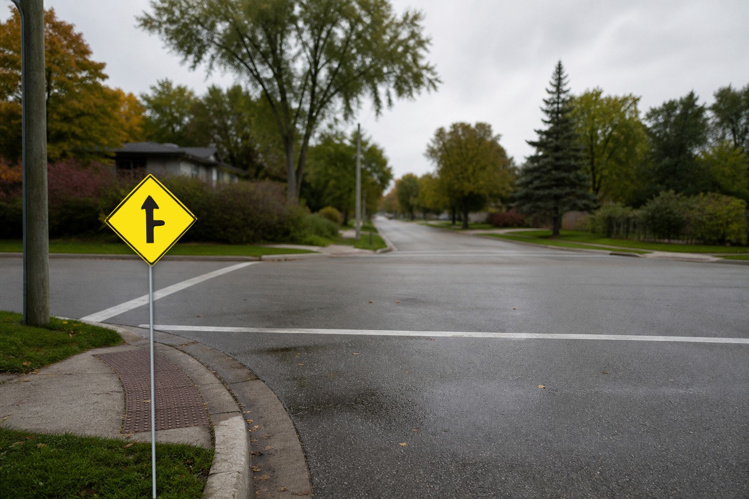 Ontario road sign: Hidden right-side intersection ahead with restricted sideroad view
