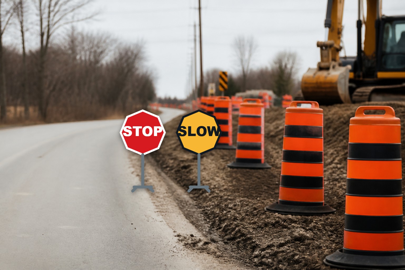 Ontario road sign: STOP and SLOW traffic-control paddles - reduce speed and prepare to stop